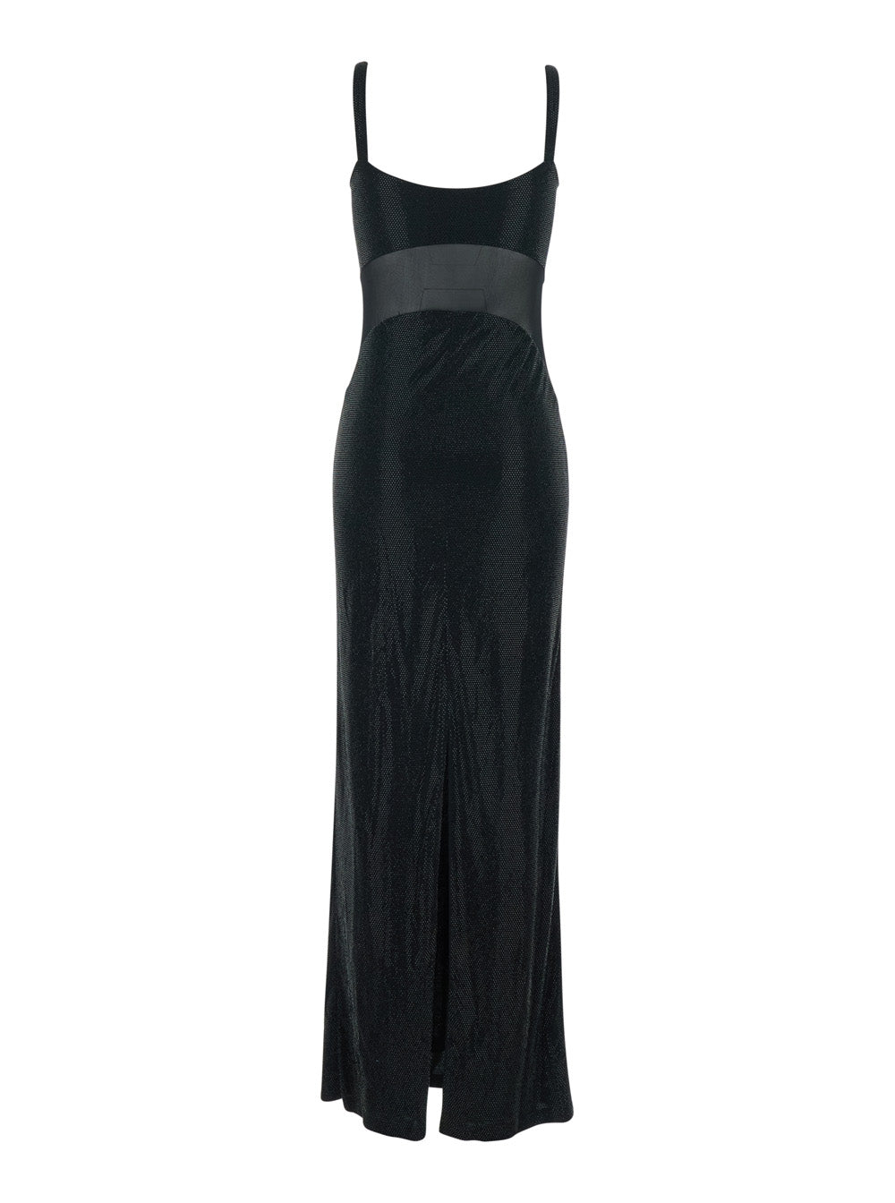 Long Anse Dress With Thin Straps And Applied Rhinestones Black Tech Fabric