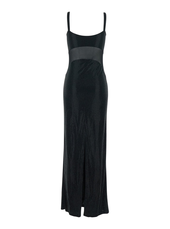 Long Anse Dress With Thin Straps And Applied Rhinestones Black Tech Fabric