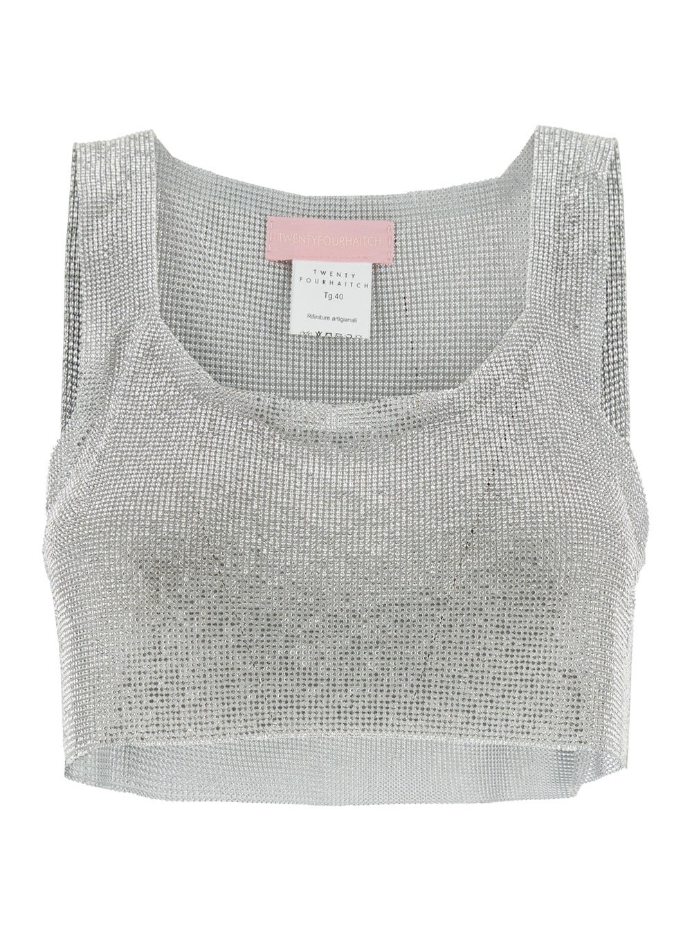 Top Aten Crop Sleeveless with All-Over Sequins Decoration in Silver Tech Fabric for Women Metallic Tops