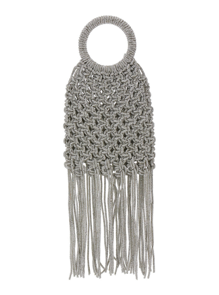 Handbag Maronti with Crystal Fringes and Knit Effect in Silver Tech Fabric for Women Metallic Polyester Hand Bags