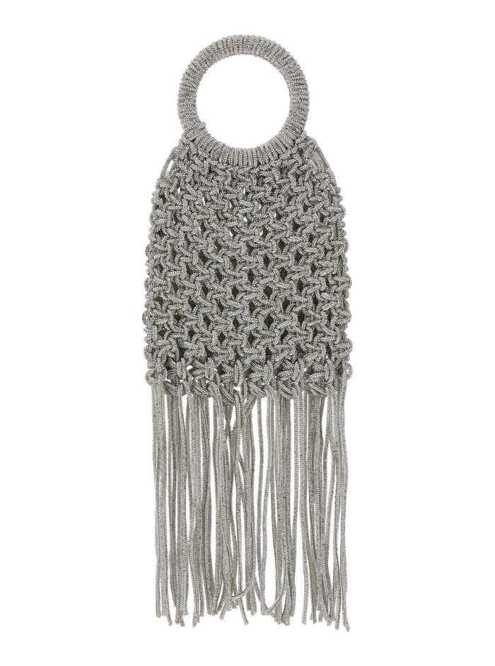 Handbag Maronti with Crystal Fringes and Knit Effect in Silver Tech Fabric for Women Metallic Polyester Hand Bags