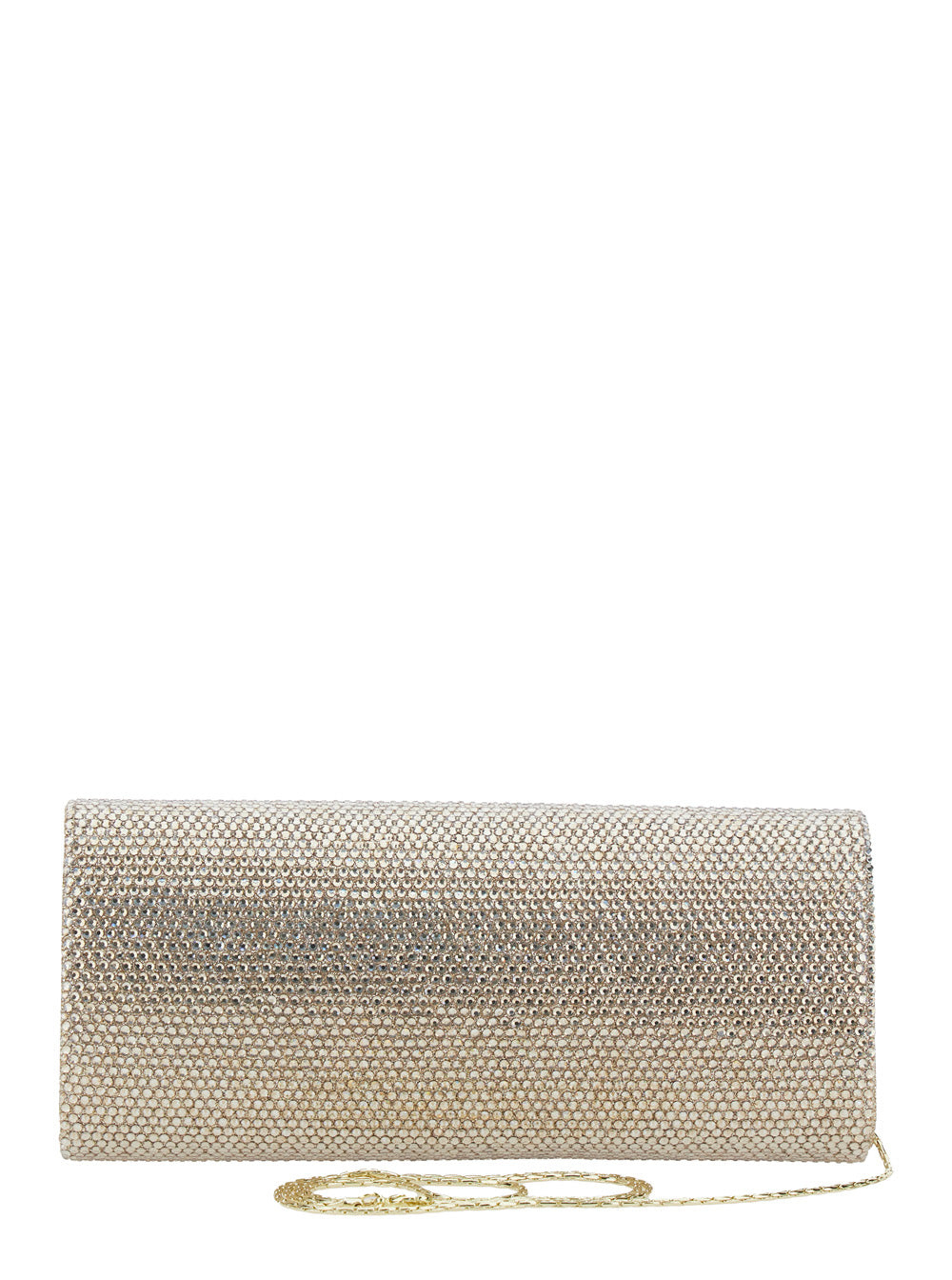 Clutch French 75 with Chain Strap and All-Over Rhinestone Decoration in Gold Tech Fabric for Women Metallic Clutches Pochettes