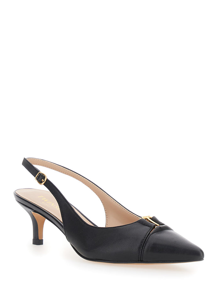 Black Nera Pointed Toe Leather Pumps Fabric Heels
