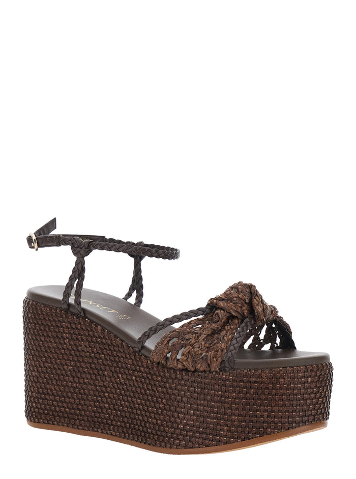 Wedges with High Heel and Intreccio Design in Fabric Leather Brown Women Polyurethane