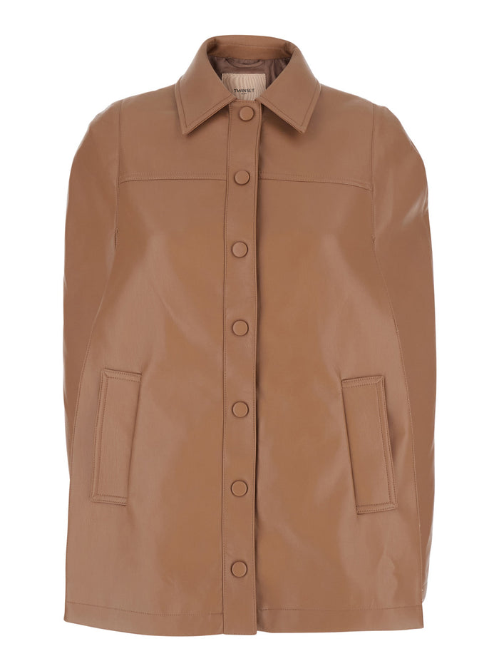 Brown Jacket with Classic Leather Collar for Women Polyester Outerwear