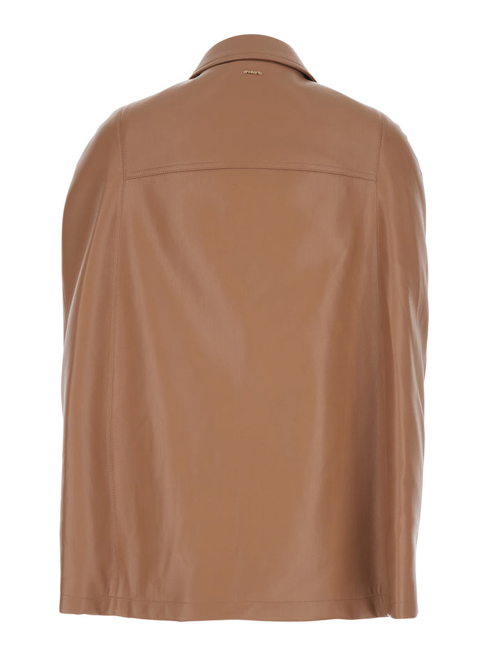 Brown Jacket with Classic Leather Collar for Women Polyester Outerwear