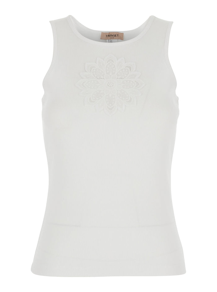 Sleeveless Top with Tone-on-Tone Floral Embroidery in White Cotton for Women Tops