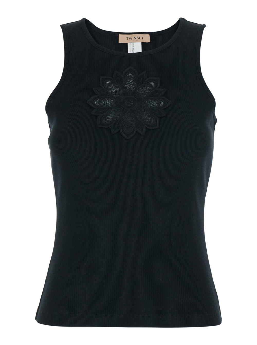 Sleeveless Top with Tone-on-Tone Floral Embroidery on the Front in Black Cotton for Women Tops