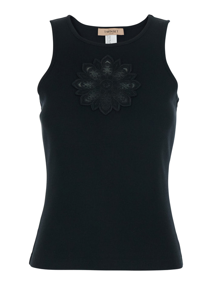 Sleeveless Top with Tone-on-Tone Floral Embroidery on the Front in Black Cotton for Women Tops