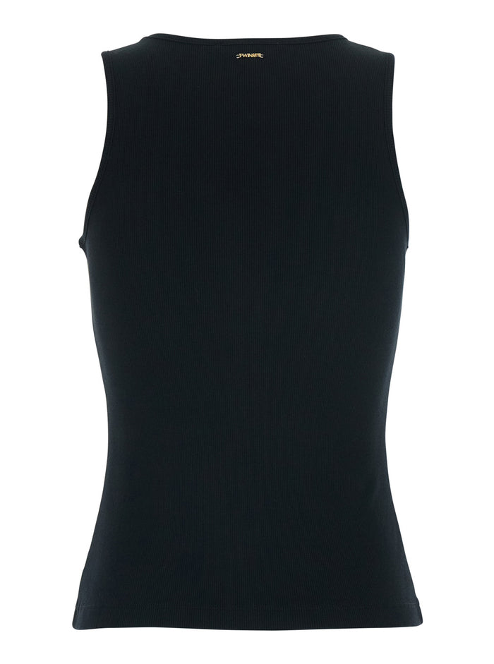 Sleeveless Top with Tone-on-Tone Floral Embroidery on the Front in Black Cotton for Women Tops