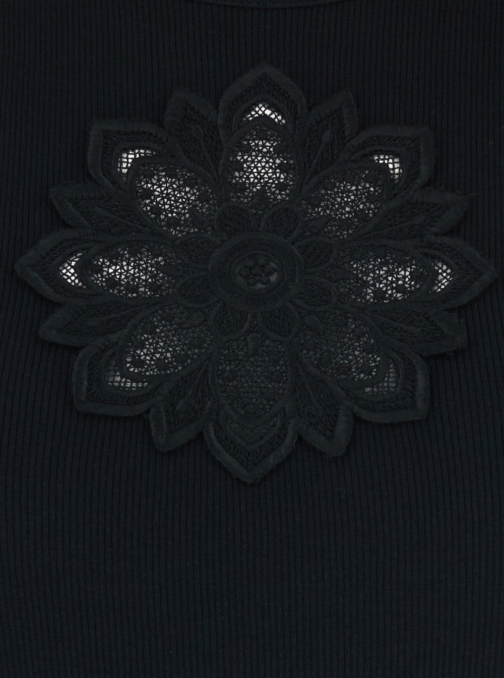 Sleeveless Top with Tone-on-Tone Floral Embroidery on the Front in Black Cotton for Women Tops