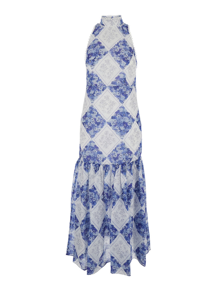Long Floral Dress with High American Collar in Tech Fabric for Women Multicolor Ramie