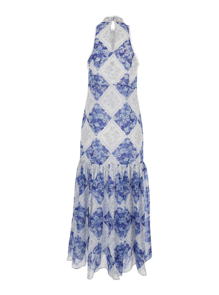 Long Floral Dress with High American Collar in Tech Fabric for Women Multicolor Ramie