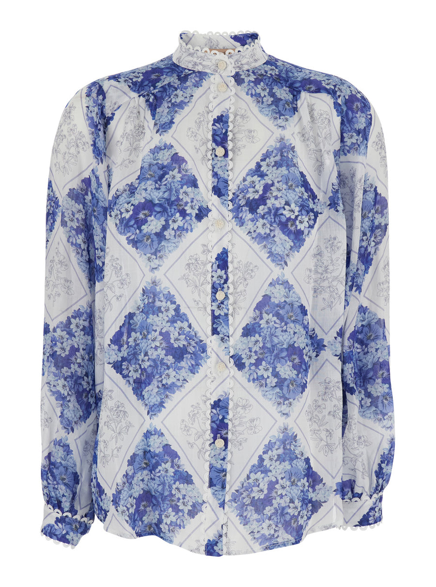 High Neck Shirt Blue Floral Multicolour Ramie Blouses
