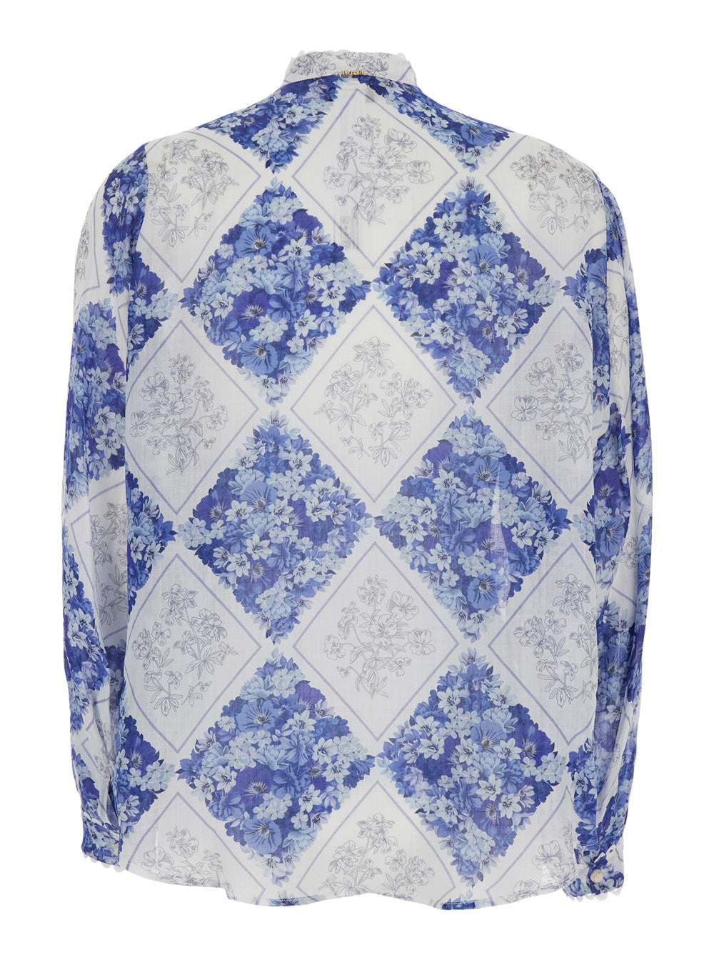 High Neck Floral Pattern All-Over Blue Fabric Shirt for Women Multicolor Ramie And Blouses
