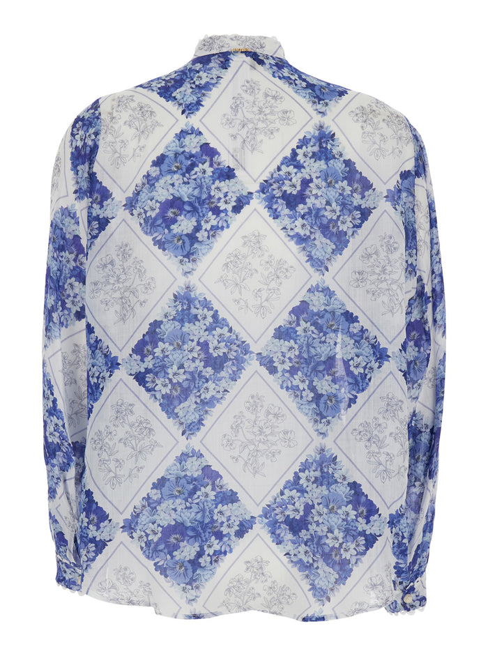 High Neck Floral Pattern All-Over Blue Fabric Shirt for Women Multicolor Ramie And Blouses