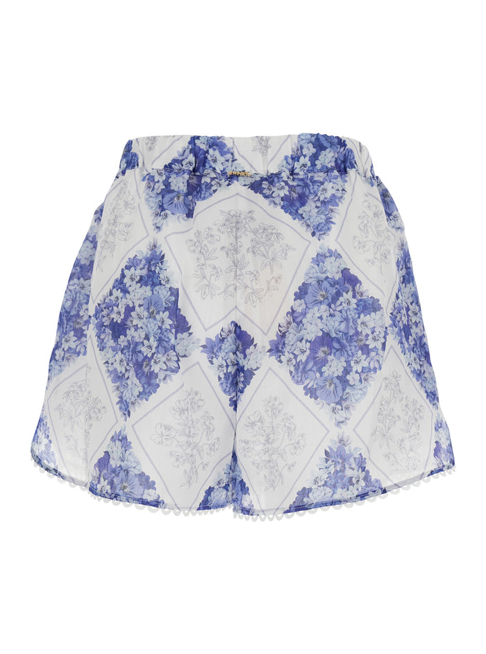 Multicolor Floral Shorts - with All-Over Geometric Print and Scalloped Hem in Ramie Women Bermuda