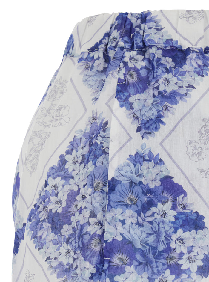 Multicolor Floral Shorts - with All-Over Geometric Print and Scalloped Hem in Ramie Women Bermuda