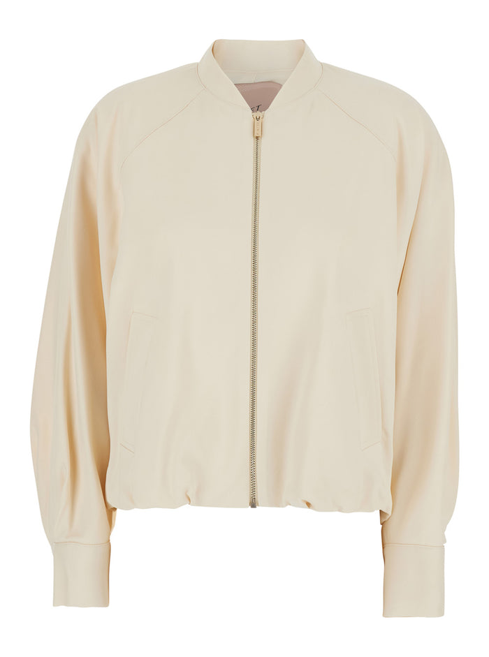 Jacket with Ruffles and Logo Patch on the Back in Blend White Women Viscose Elastane Outerwear