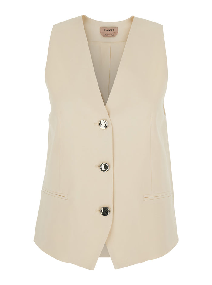 Beige V-Neck Vest with Front Button Closure for Women Viscose Elastane Blazers