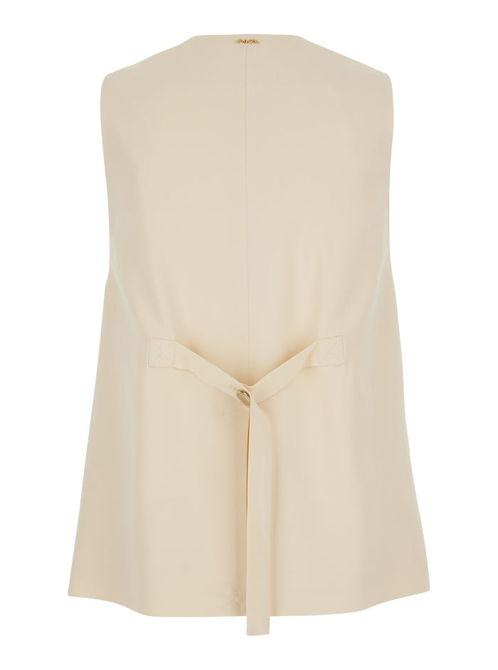 Beige V-Neck Vest with Front Button Closure for Women Viscose Elastane Blazers
