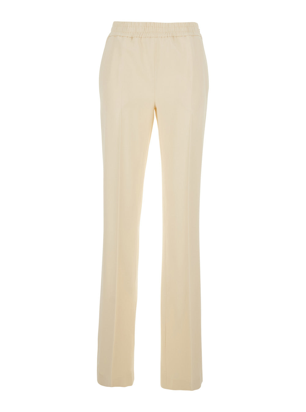 Beige Pants with Elastic Waist and Logo Plate on the Back Viscose Elastane Trousers