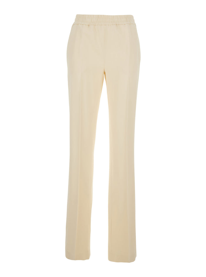 Beige Pants with Elastic Waist and Logo Plate on the Back Viscose Elastane Trousers