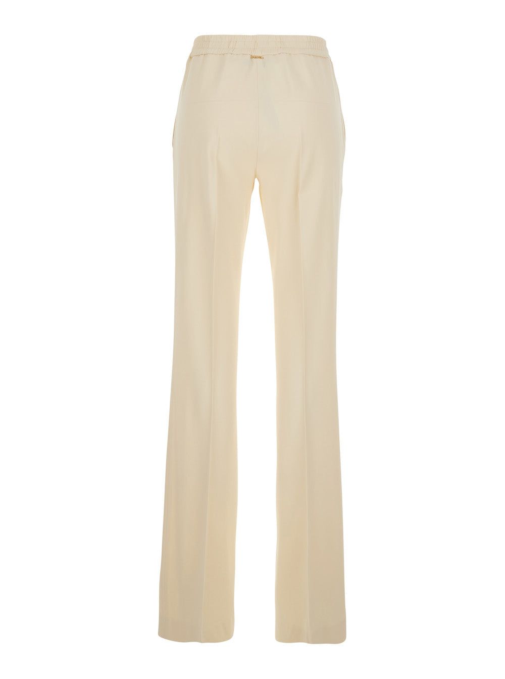 Beige Pants with Elastic Waist and Logo Plate on the Back Viscose Elastane Trousers