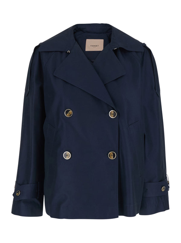 Trench Coat Blue Tech Fabric Cotton