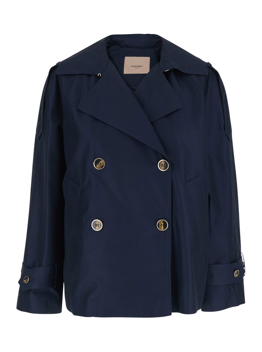Trench Coat Blue Tech Fabric Cotton