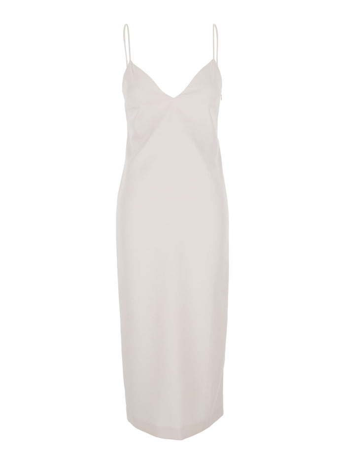 Long Sleeveless Dress with V-Neck and Single Vent at the Back in Pink Fabric for Women Polyester Viscose