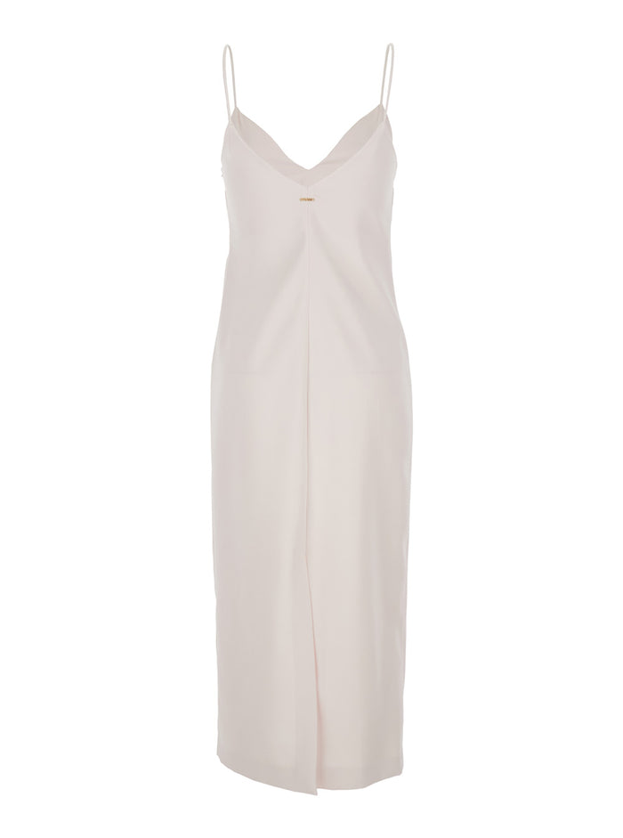 Long Sleeveless Dress with V-Neck and Single Vent at the Back in Pink Fabric for Women Polyester Viscose