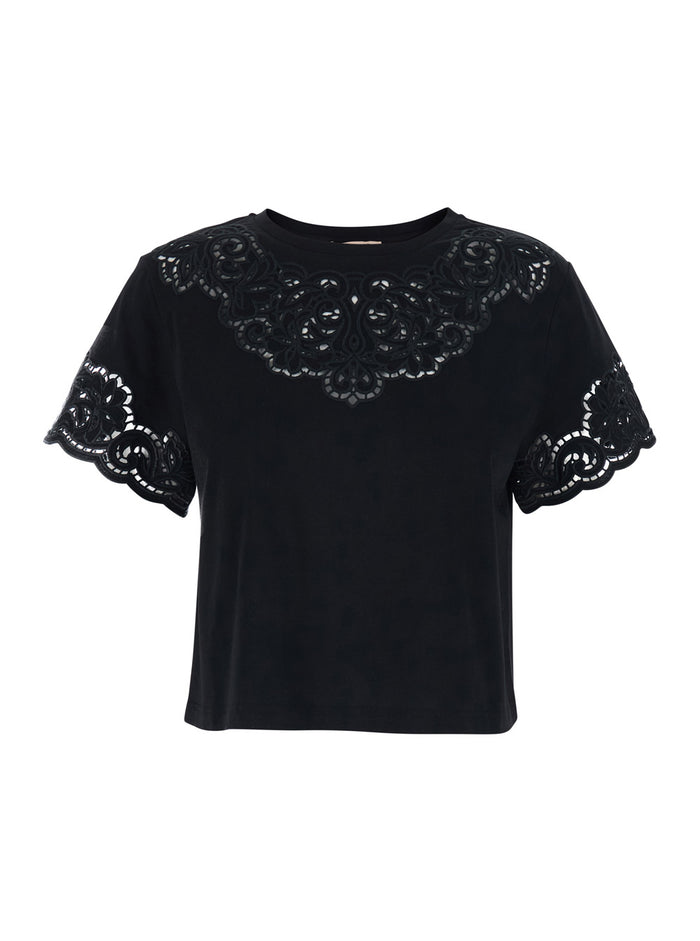 Black T-shirt with Lace Details in Cotton for Women Tshirts And Polo Shirts