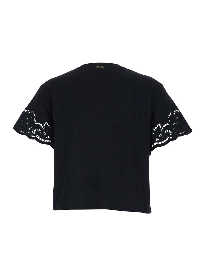 Black T-shirt with Lace Details in Cotton for Women Tshirts And Polo Shirts
