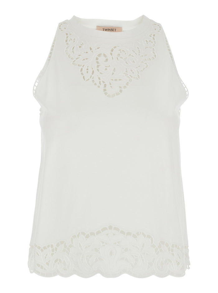 White Top with Cotton Lace Details for Women Tops