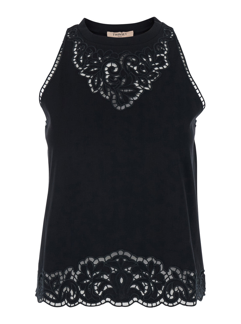 Top with Lace Details on the Neck and Hem in Black Cotton for Women Tops