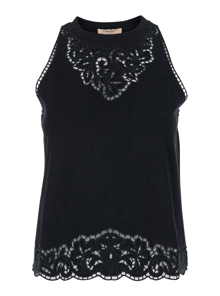 Top with Lace Details on the Neck and Hem in Black Cotton for Women Tops