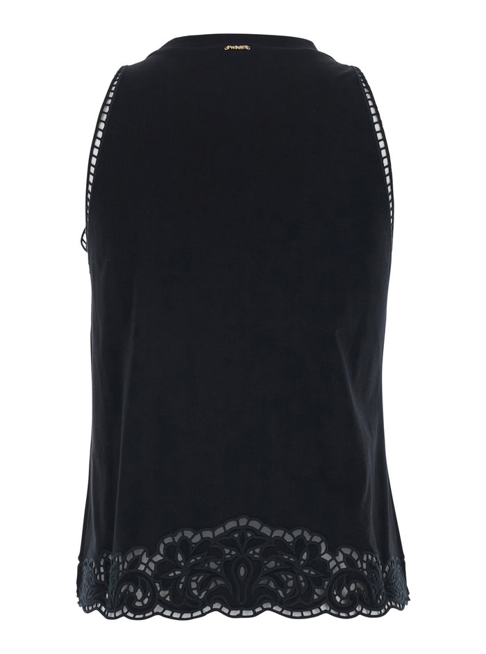Top with Lace Details on the Neck and Hem in Black Cotton for Women Tops