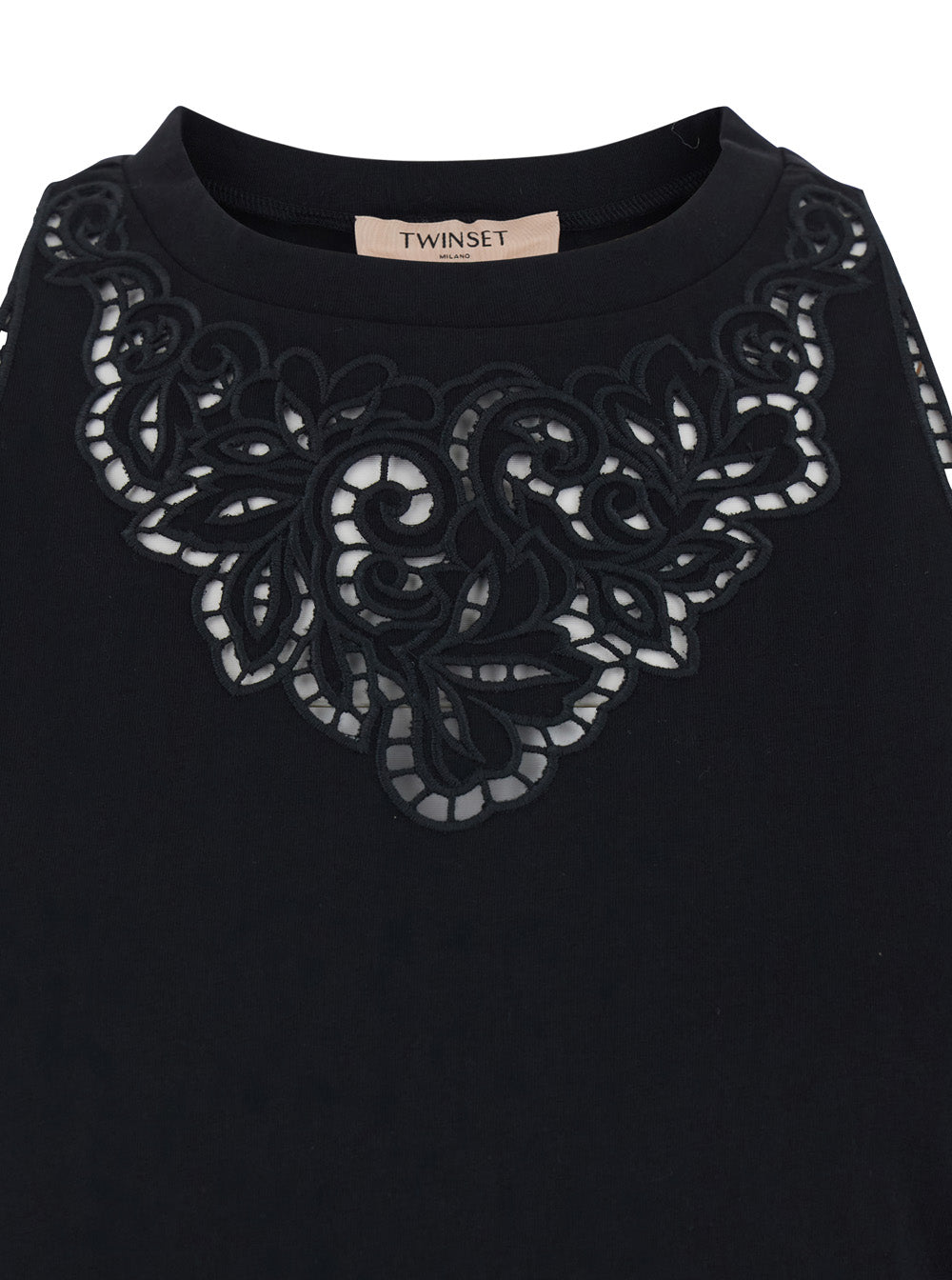 Top with Lace Details on the Neck and Hem in Black Cotton for Women Tops