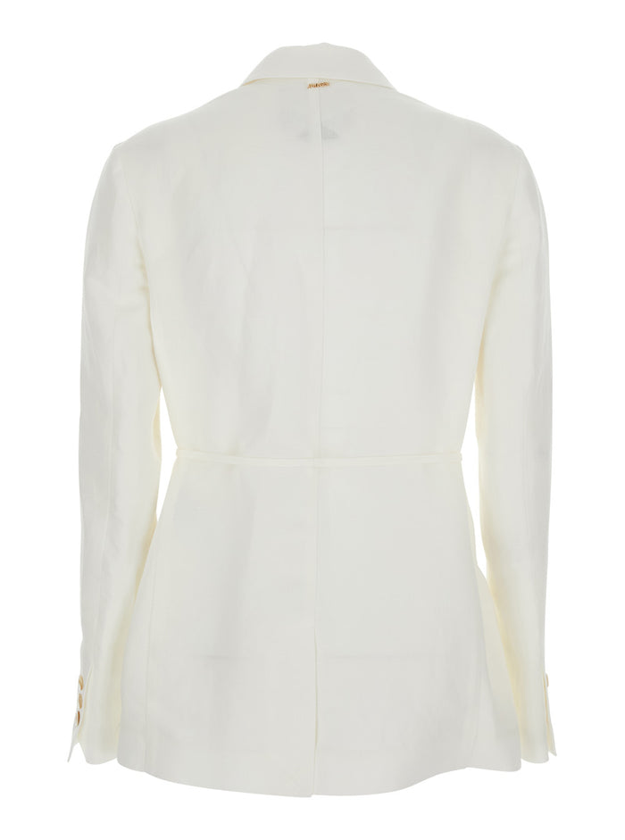 WHITE BLAZER with Notched Revers and Button Closure in Linen Blend for Women Viscose Blazers