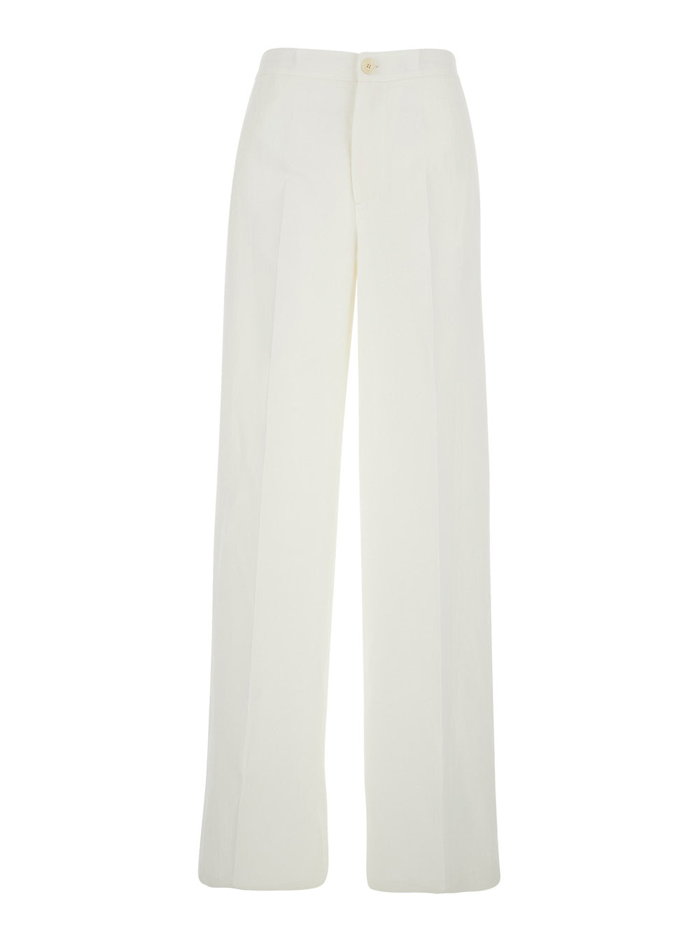 White Pants with Button and Zip Closure on the Front Logo Plate Back in Fabric for Women Linen Viscose Trousers