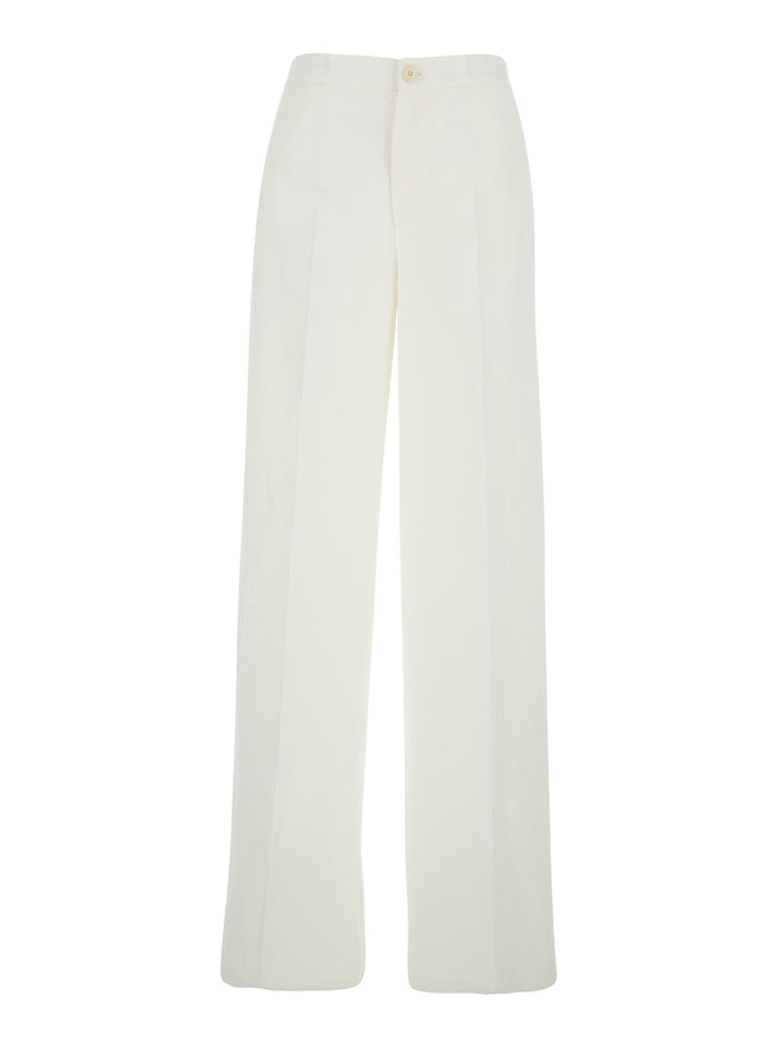 White Pants with Button and Zip Closure on the Front Logo Plate Back in Fabric for Women Linen Viscose Trousers