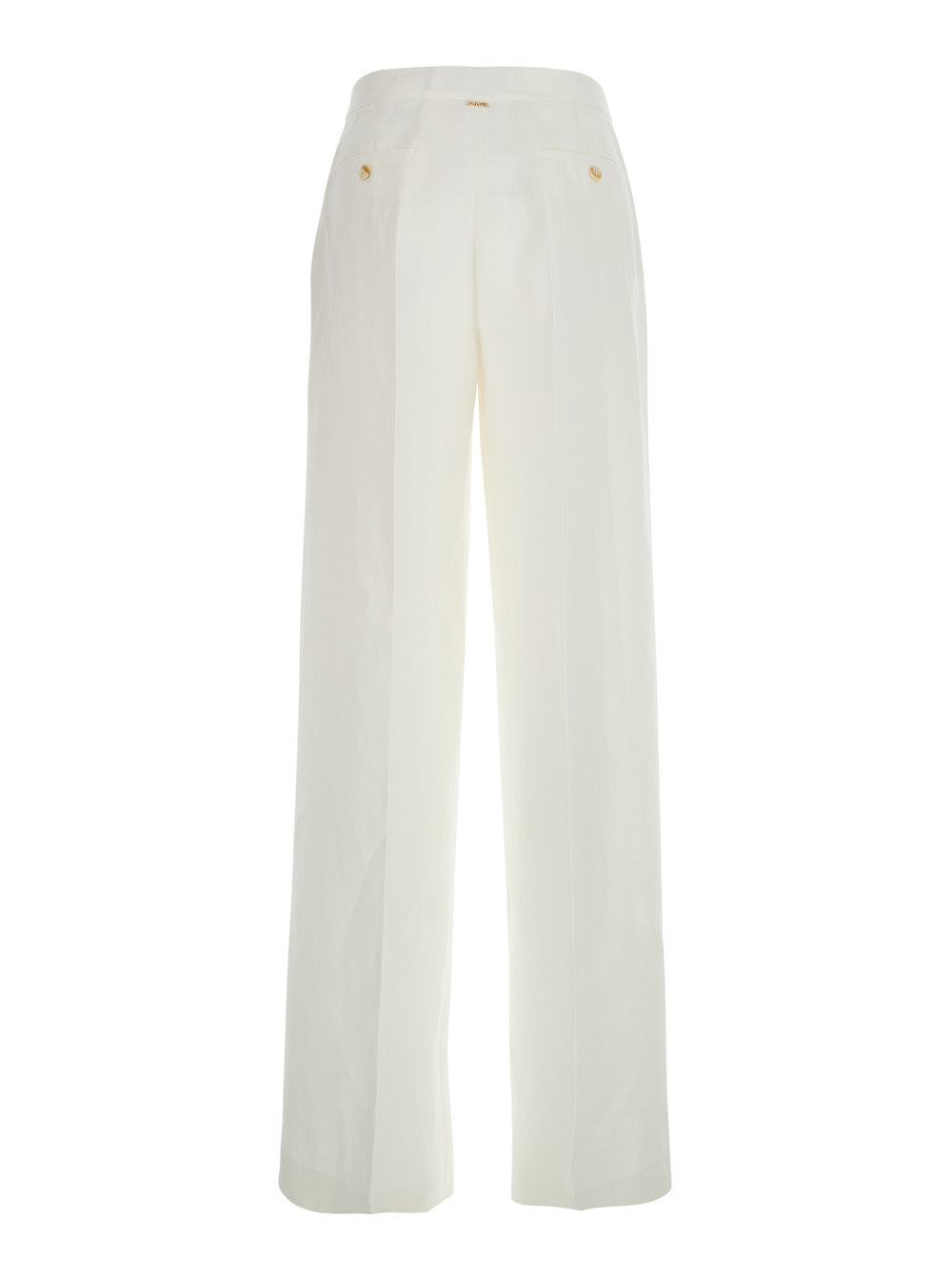 White Pants with Button and Zip Closure on the Front Logo Plate Back in Fabric for Women Linen Viscose Trousers