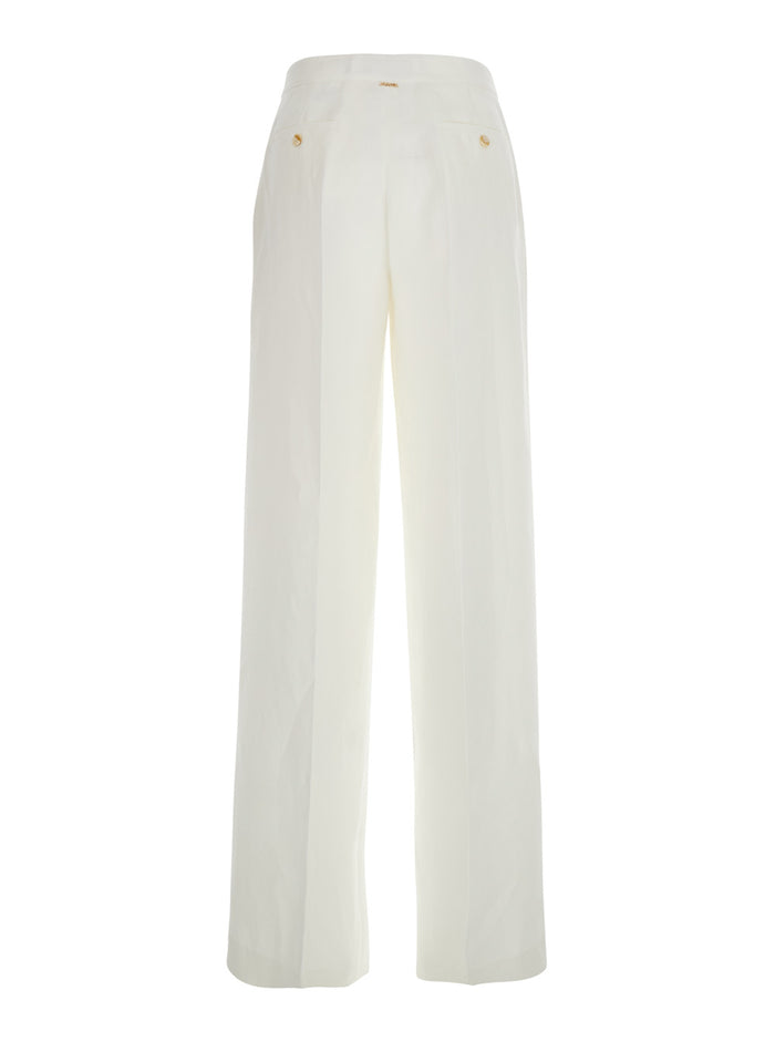 White Pants with Button and Zip Closure on the Front Logo Plate Back in Fabric for Women Linen Viscose Trousers