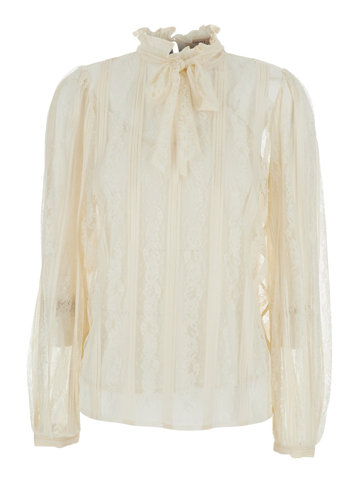 White Shirt with Lace Design and Knot at the Neck in Cotton Blend for Women Polyamide Blouses