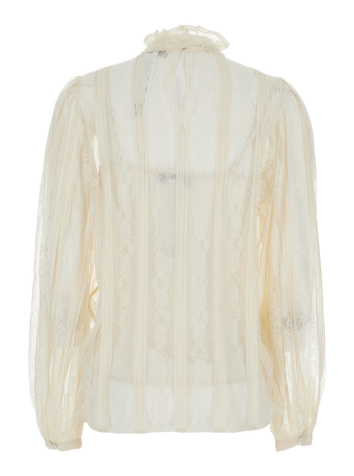 White Shirt with Lace Design and Knot at the Neck in Cotton Blend for Women Polyamide Blouses