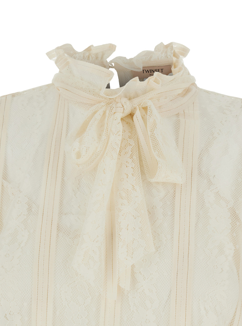 White Shirt with Lace Design and Knot at the Neck in Cotton Blend for Women Polyamide Blouses