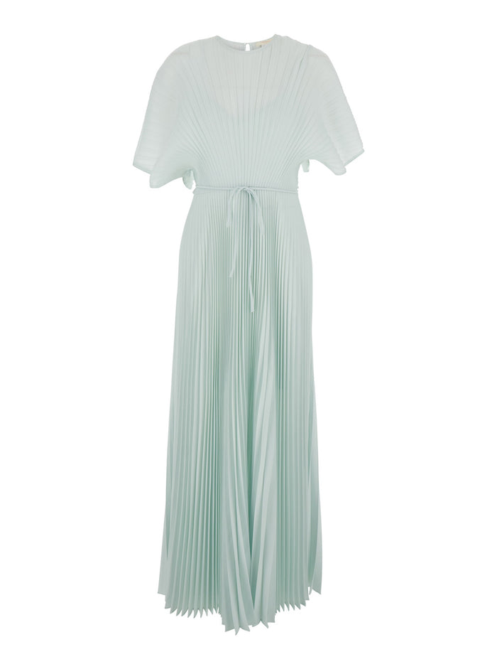 Long Dress with Round Neck and Hidden Zip Closure on the Side in Blue Tech Fabric for Women Light Polyester