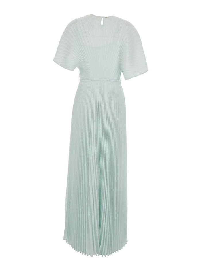 Long Dress with Round Neck and Hidden Zip Closure on the Side in Blue Tech Fabric for Women Light Polyester