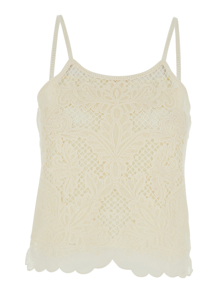 Round Neck Top with Lace Design in Cotton Blend White Women Polyamide Tops